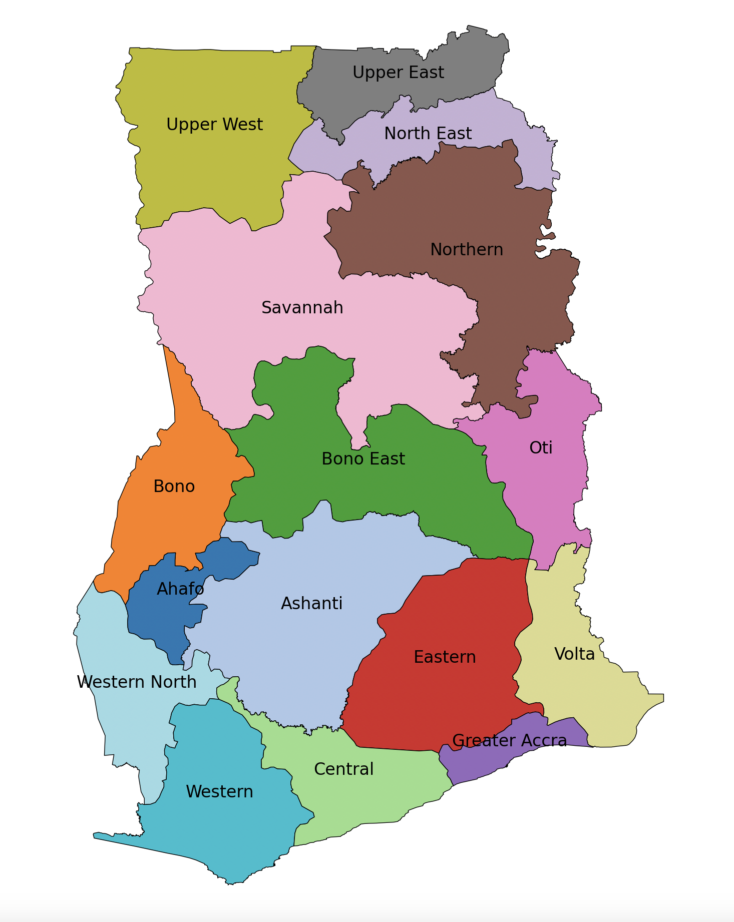 Map of Ghana showing 16 regions with Eastern Region highlighted