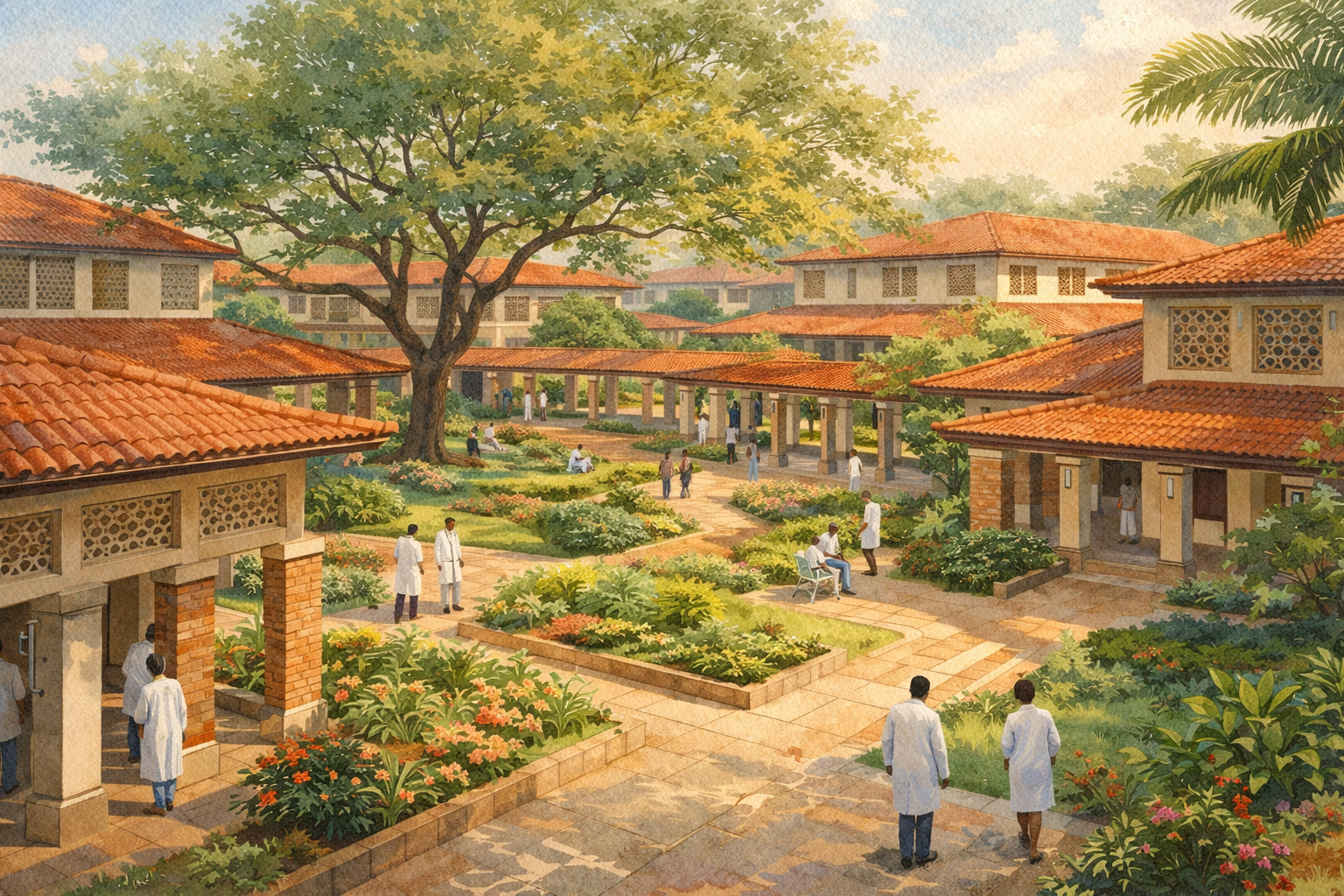 Teaching hospital campus with courtyards, covered walkways, brise-soleil screens, climate-responsive design