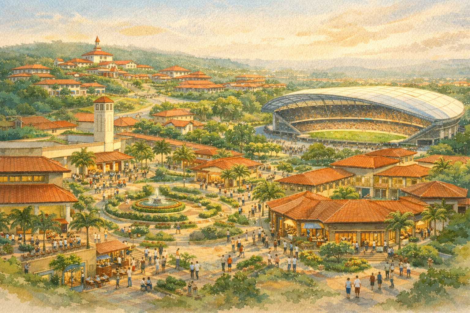 Full district vision - covered stadium, entertainment plaza, housing, university bell tower