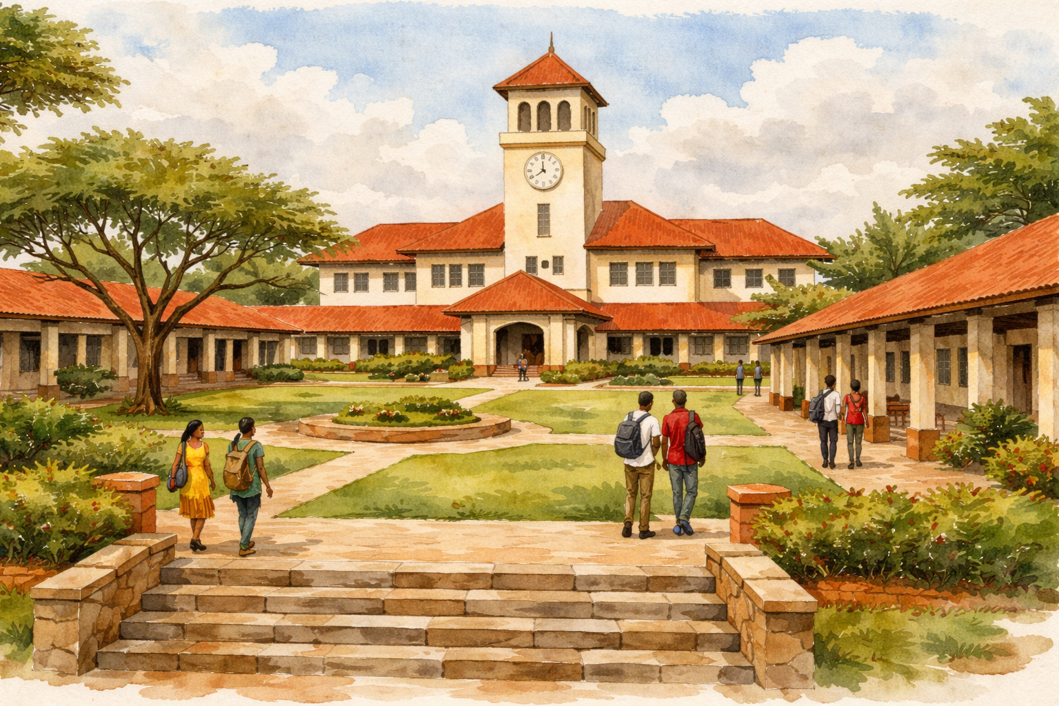 University campus with white walls, red tile roofs, clock tower, students walking across quadrangle